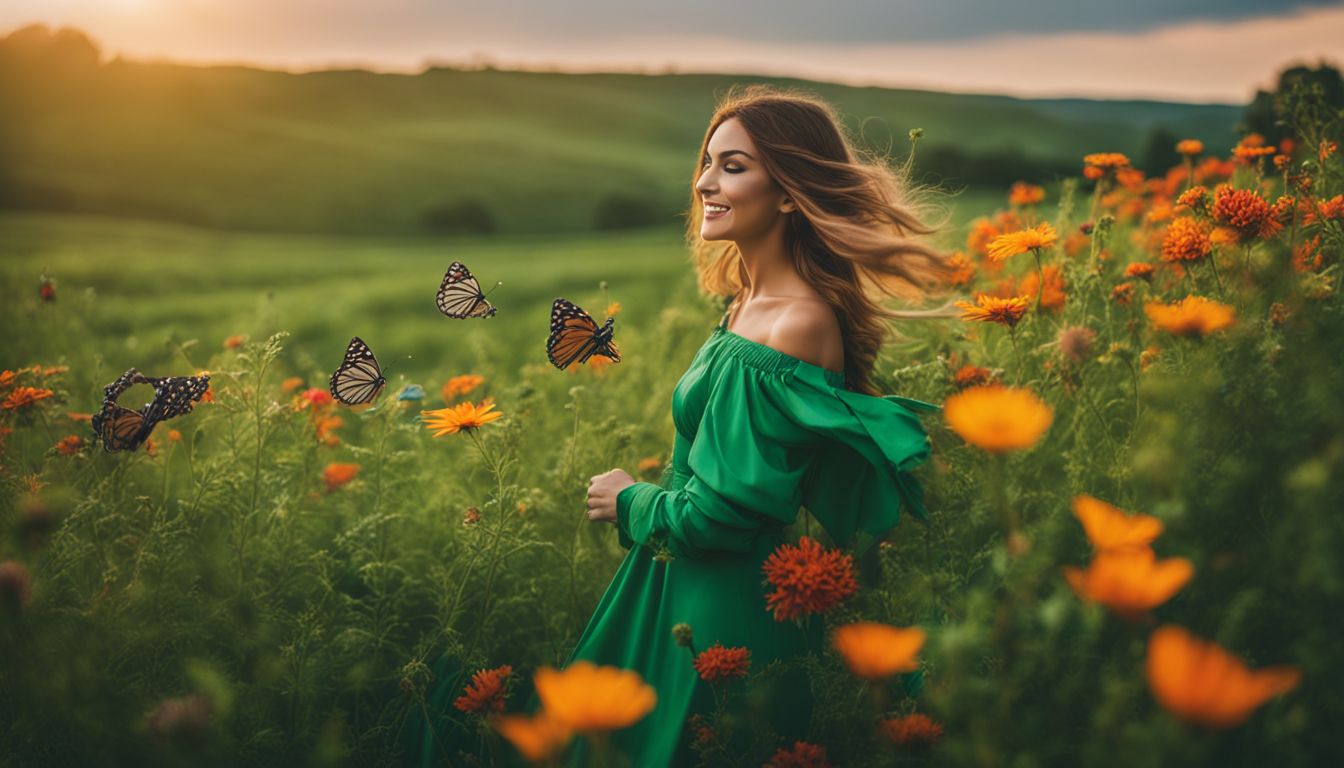 A vibrant photo of a green field with colorful flowers, butterflies, and people with different styles and outfits.