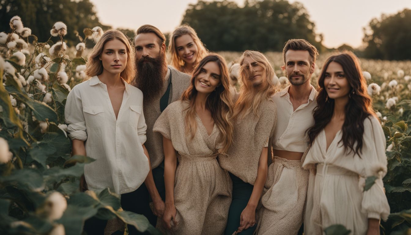A diverse group of people wearing Kotn clothing standing in a cotton field, captured in a professional photograph.