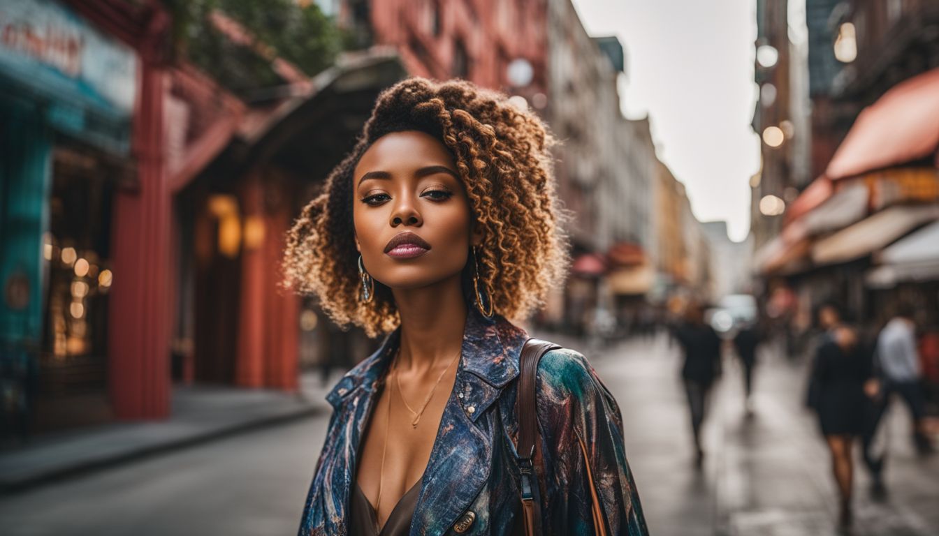 A fashionable woman walks through a vibrant city environment, showcasing different styles and outfits in a well-lit and bustling atmosphere.