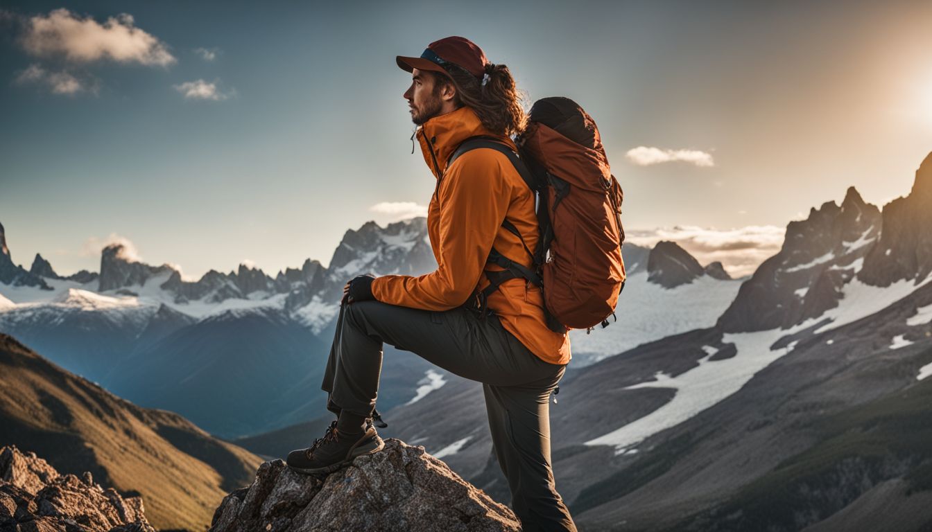 A hiker wearing Patagonia gear stands atop a mountain peak with a breathtaking landscape in the background.