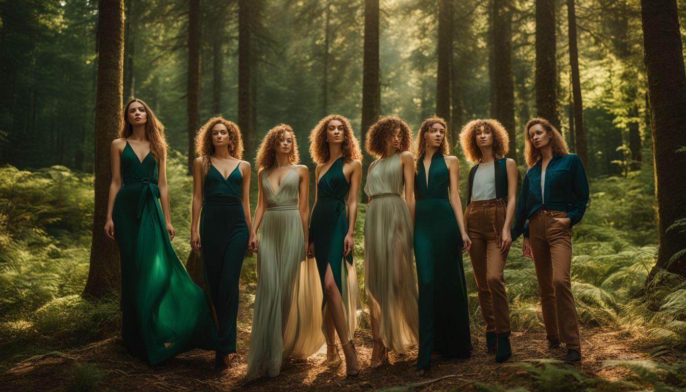 Models showcase sustainable clothing brands against a lush forest backdrop, capturing the diversity and vibrance of the fashion industry.