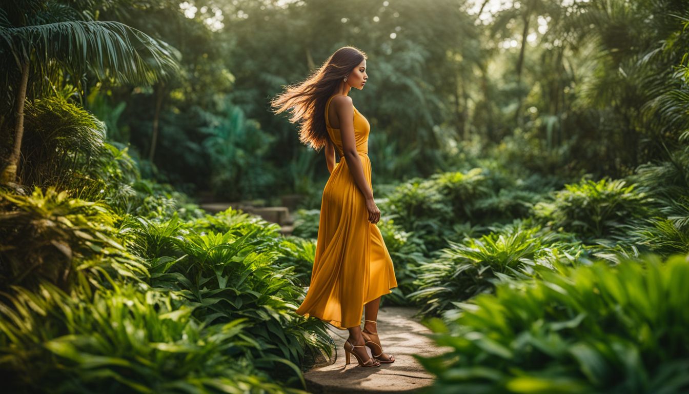 A woman wearing Bhava heels is photographed in a lush green setting, showcasing different faces, hairstyles, and outfits.