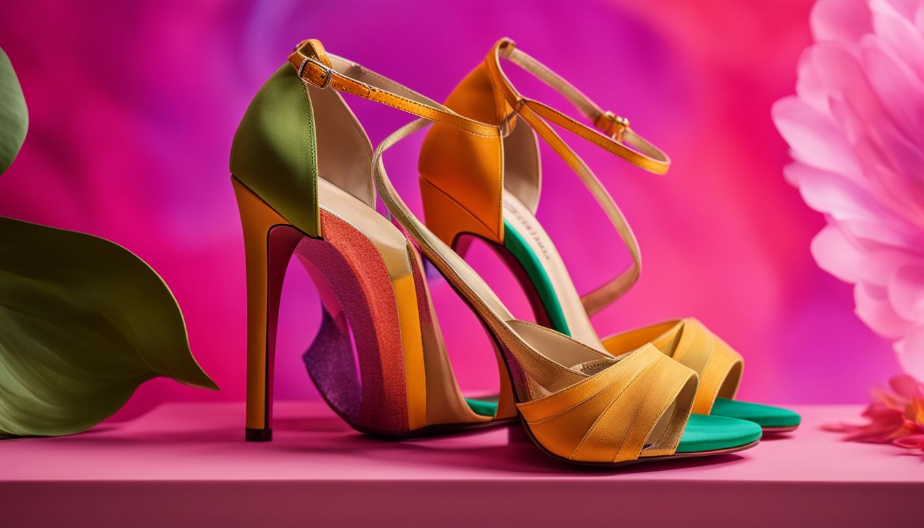 A close-up photo of sustainable heels on a vibrant background featuring diverse people with various styles and outfits.