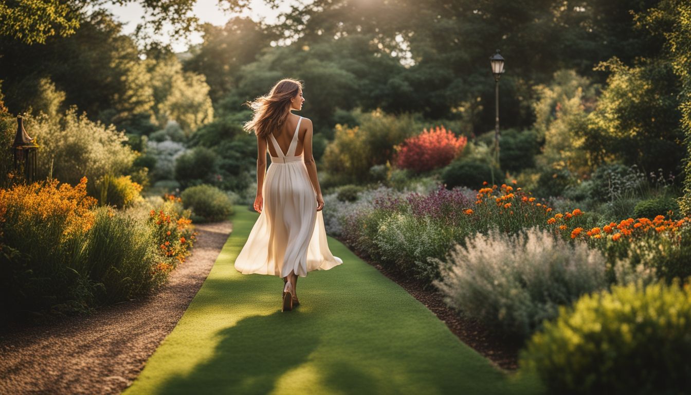 A woman wearing sustainable heels walks in a garden, showcasing different hairstyles and outfits, in a well-lit and bustling atmosphere.