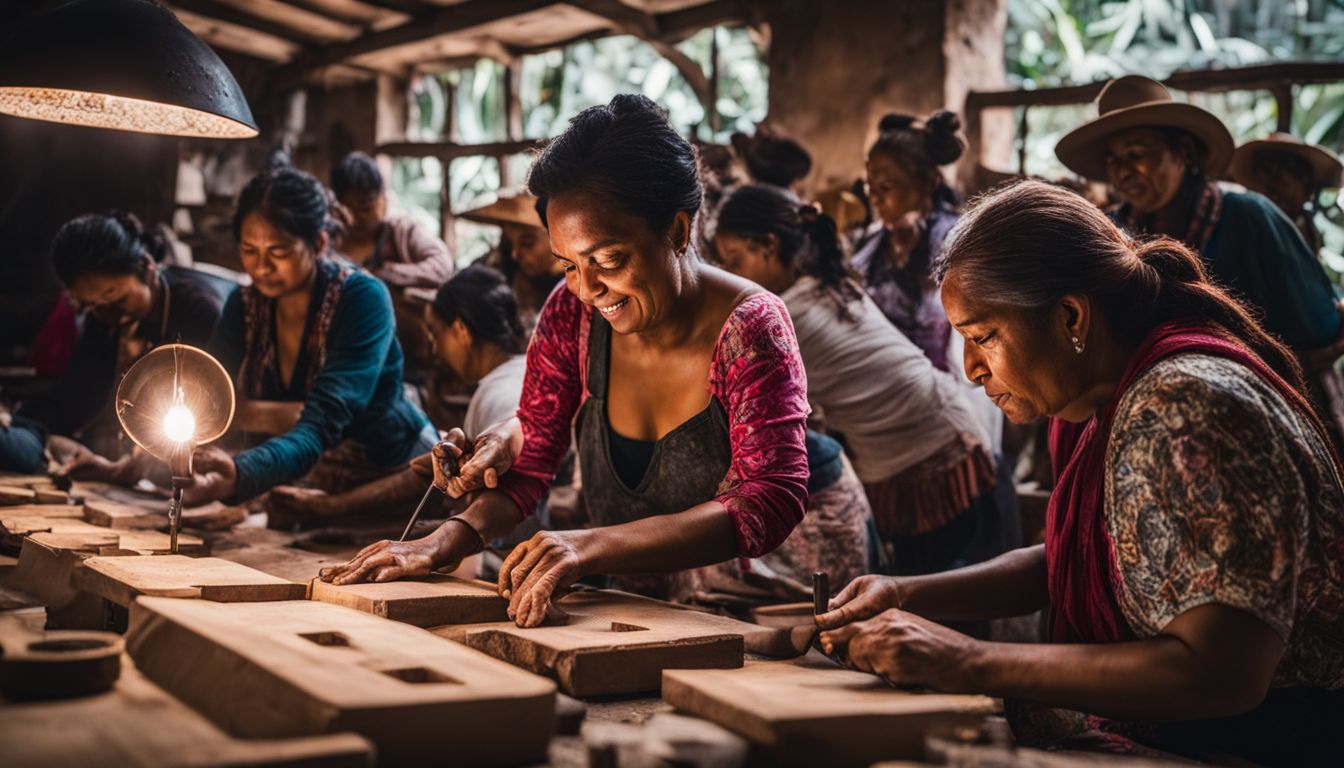 A diverse group of Guatemalan artisans working together to create sustainable heels in a bustling atmosphere.