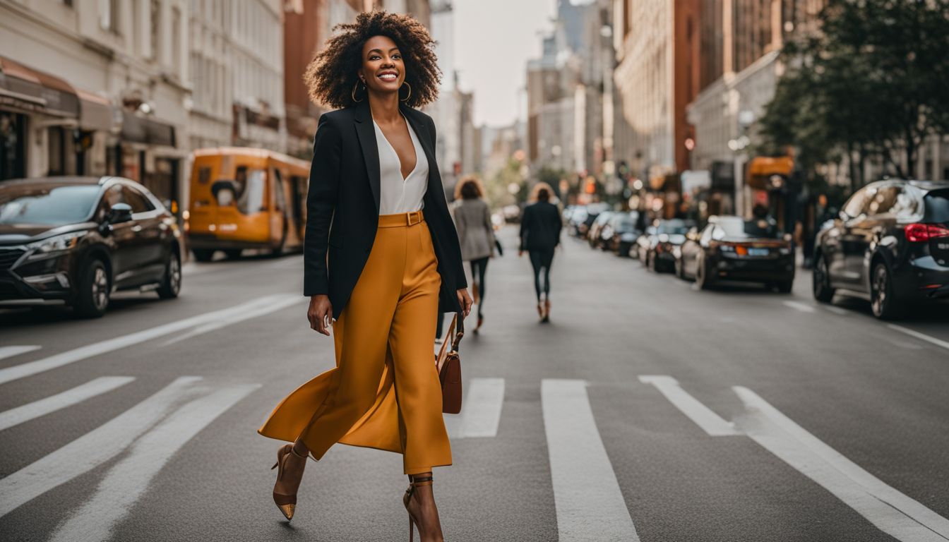 A confident woman wearing Nisolo heels walks in a city, showcasing different faces, hairstyles, and outfits.