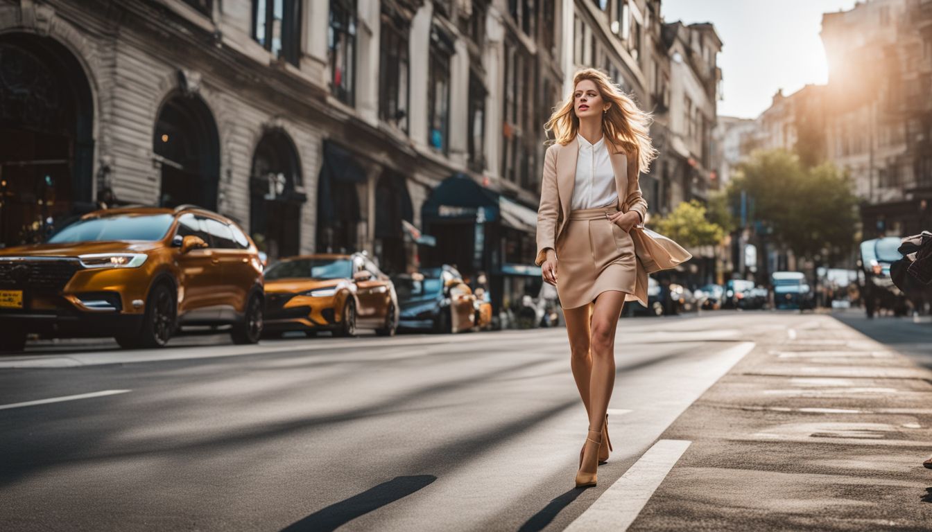 A Caucasian woman confidently walks on a city sidewalk wearing sustainable heels in a bustling atmosphere.