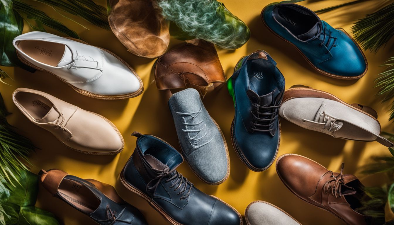 Shoes made from recycled bottles and apple leather showcased in a vibrant and eco-friendly setting, surrounded by diverse individuals.