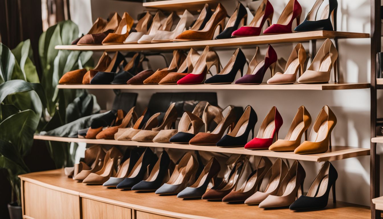 A photo of Nisolo heels displayed on a shelf surrounded by sustainable materials, with diverse models showcasing different styles.