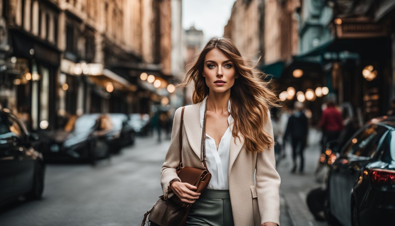 A confident woman carrying a vegan handbag walks down a city street with a variety of people and scenery.