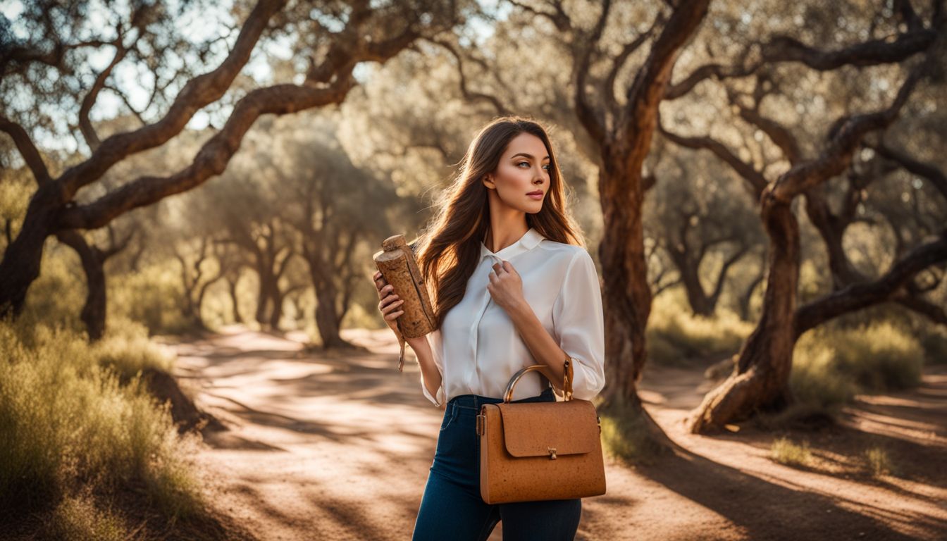 A woman holds a cork handbag in a nature reserve surrounded by cork oak trees.