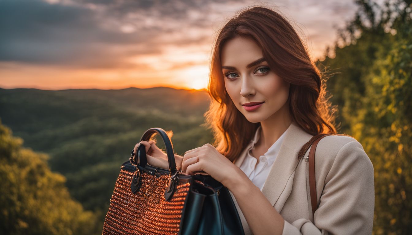 A woman holding a vegan handbag with a beautiful sunset background, surrounded by diverse people in different outfits.