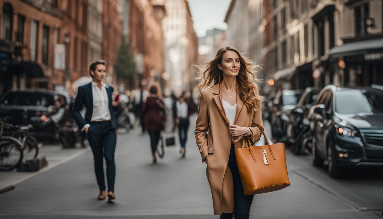 A confident woman walks down a city street with a stylish tote bag, showcasing diversity in appearance and fashion.
