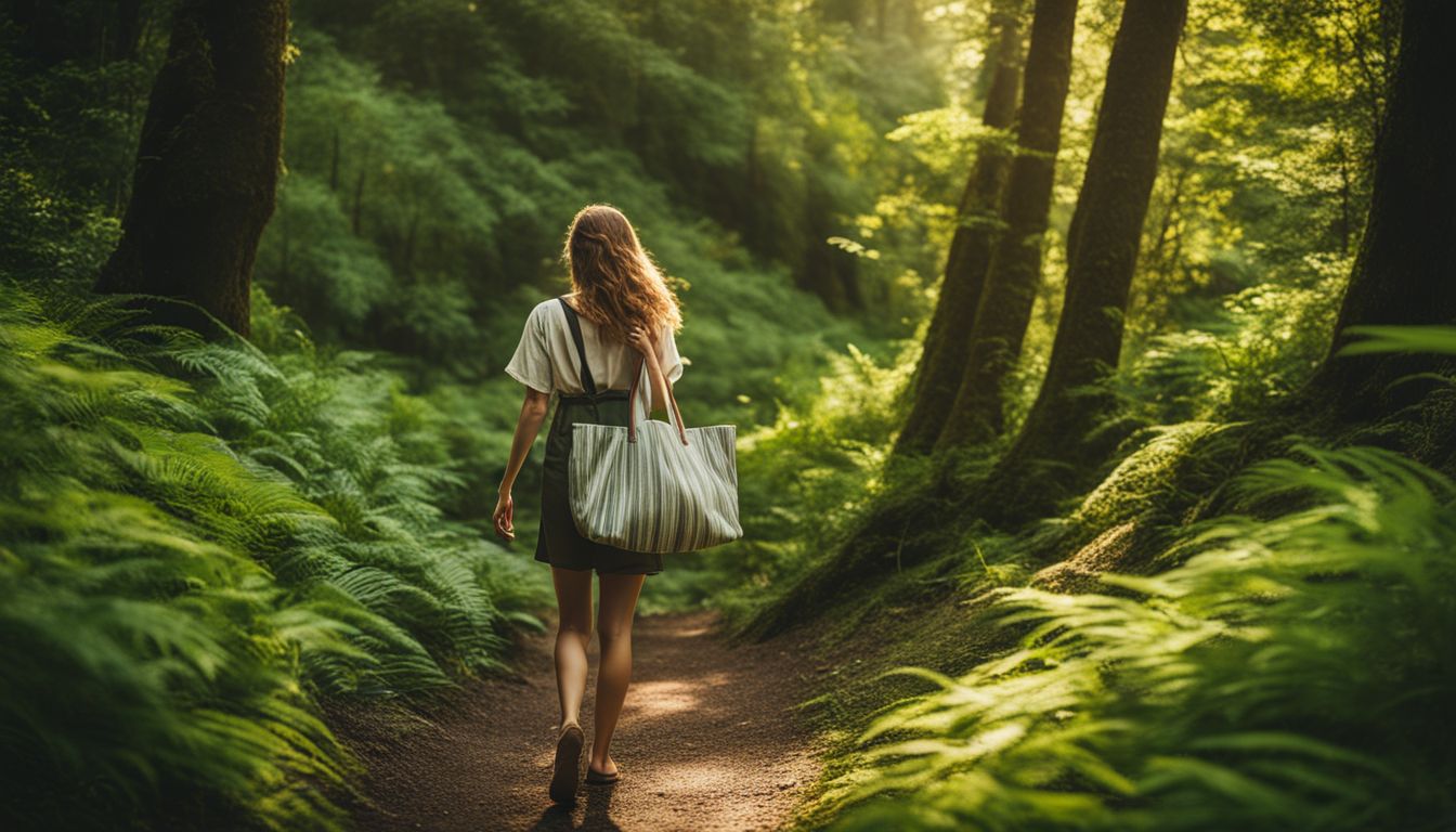 A Caucasian woman walks through a lush forest with an eco-friendly tote bag, showcasing different faces, hair styles, and outfits.