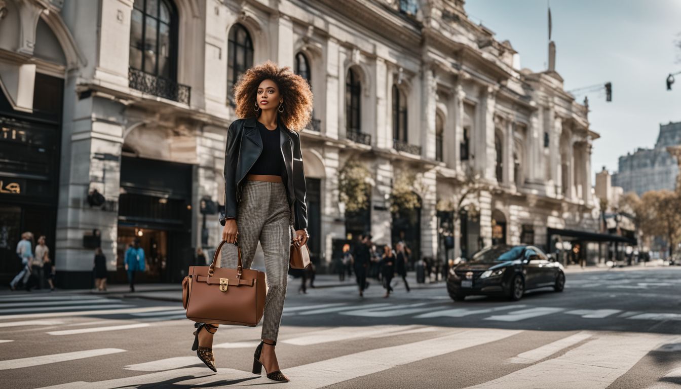 A stylish woman confidently carries a vegan handbag, showcasing fashion and diversity in a bustling cityscape.
