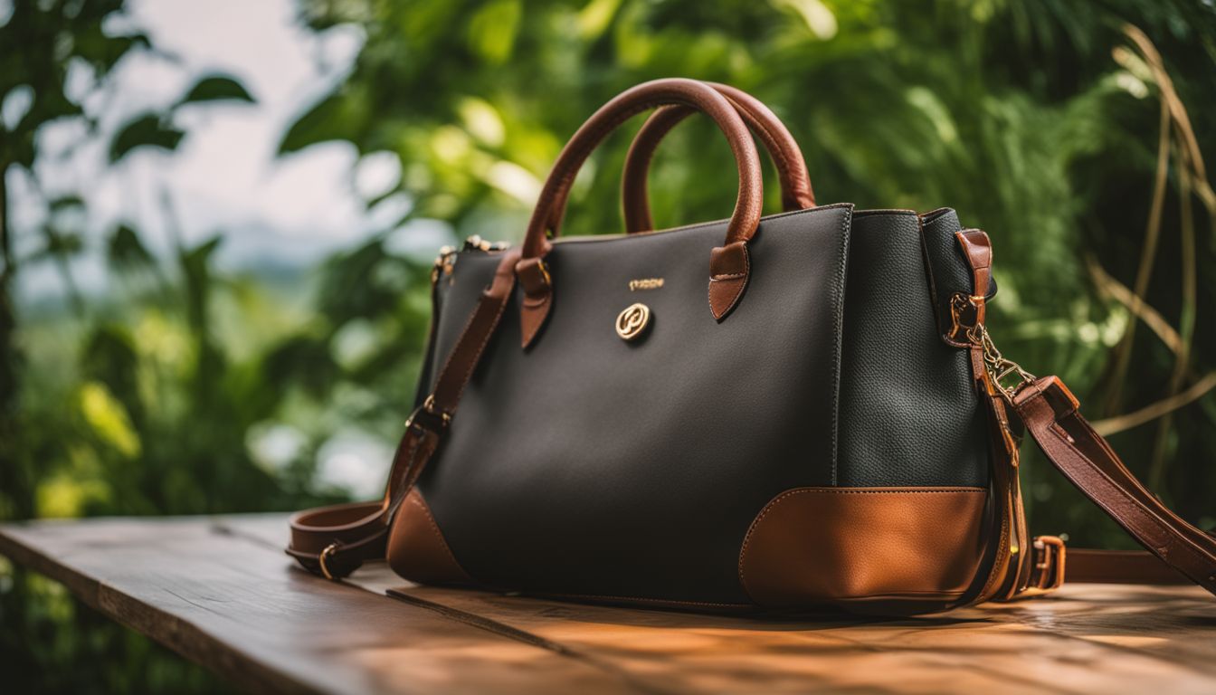 A vegan handbag made of recycled materials, surrounded by nature and featuring diverse individuals with various styles and outfits.