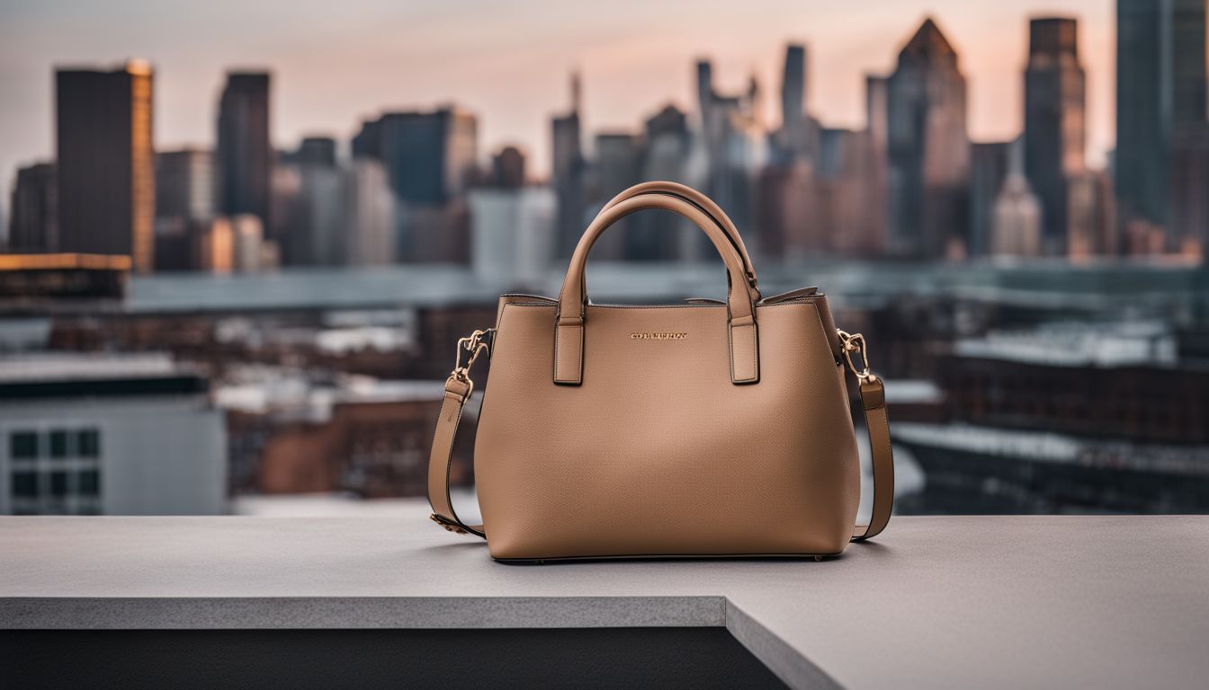 A minimalist vegan handbag with a sleek design showcased against a modern urban skyline.