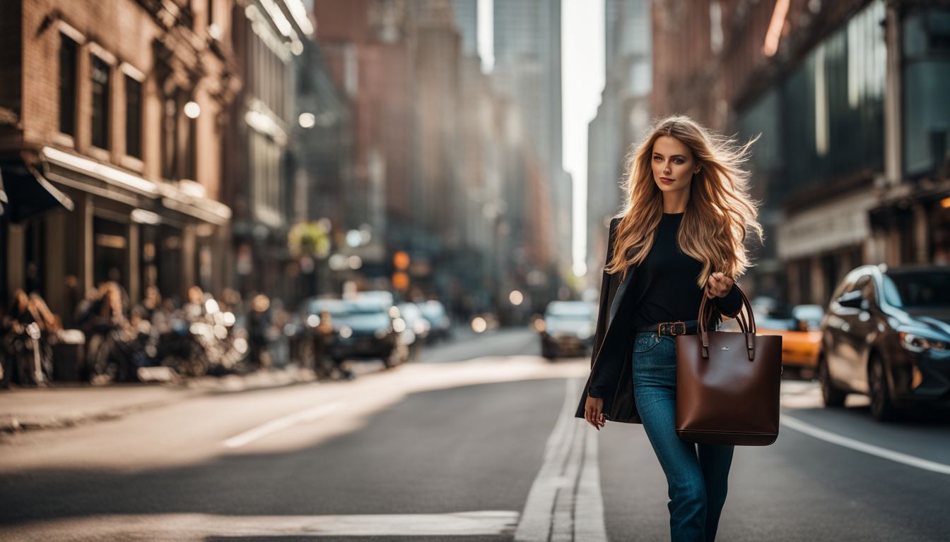 A confident woman walks down a city street carrying a stylish vegan leather bag, surrounded by diverse people and a bustling atmosphere.