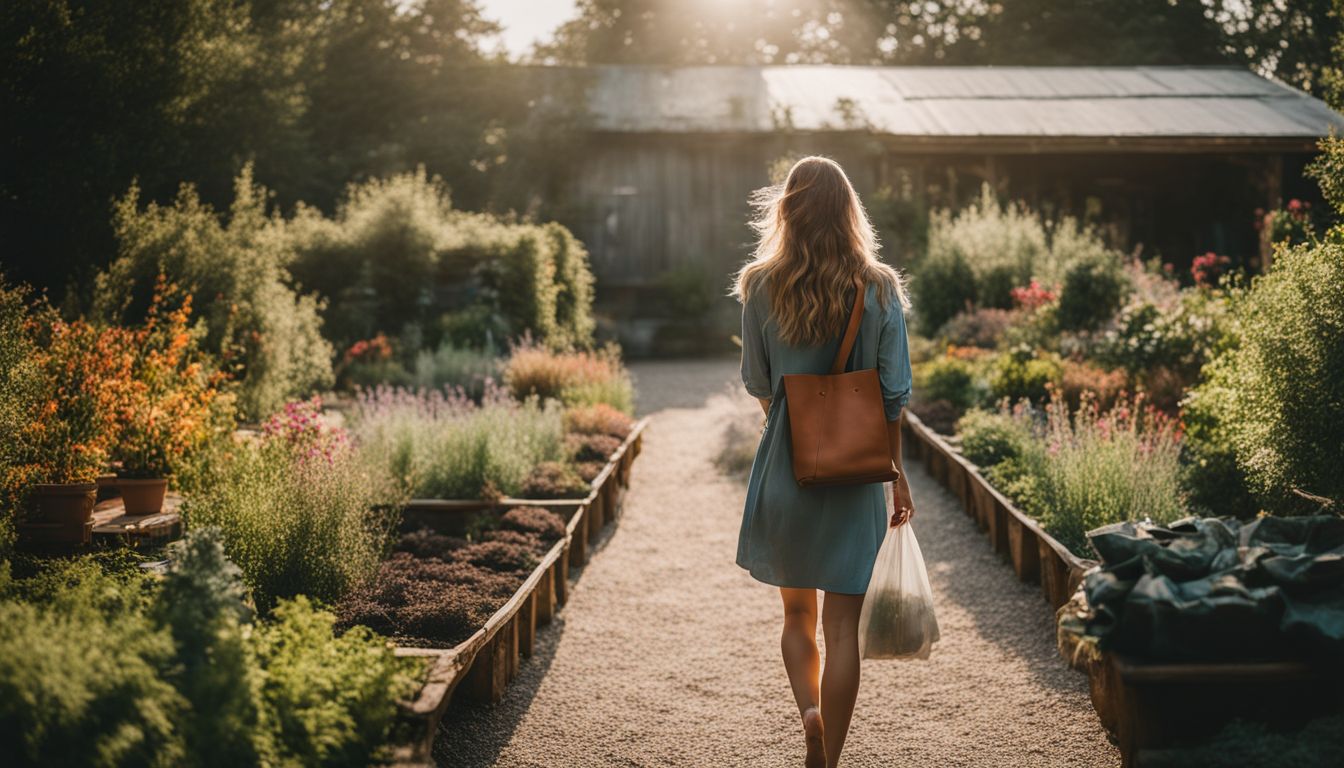 A Caucasian woman walks through a sustainable garden with a Svala tote bag, capturing nature's beauty in various outfits and hairstyles.