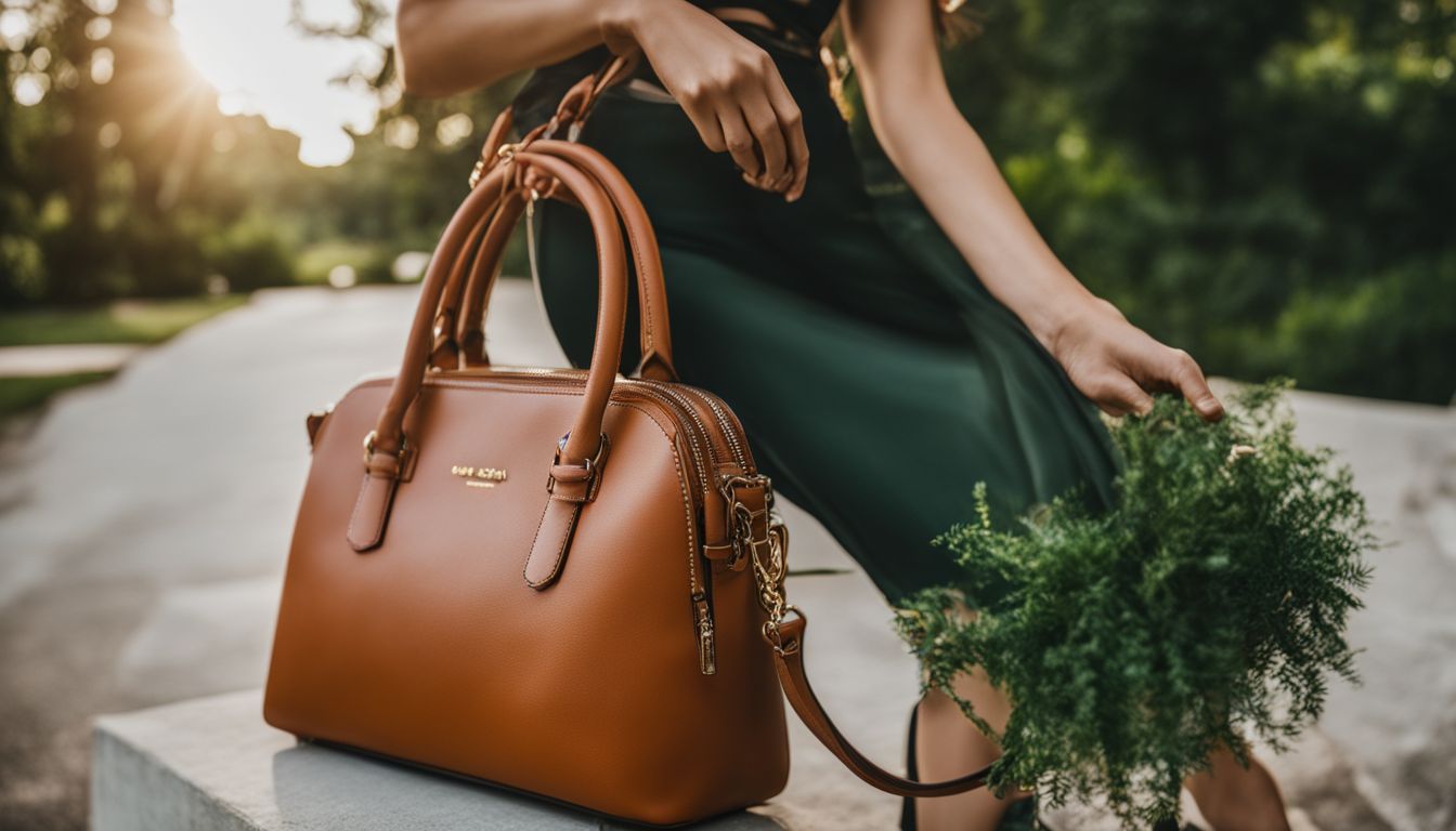 A vegan leather handbag with greenery in the background, featuring different faces, hair styles, and outfits.