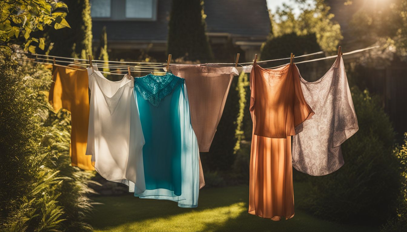 A photo of clothes hanging on a clothesline in a sunny backyard, featuring various faces, hairstyles, and outfits.