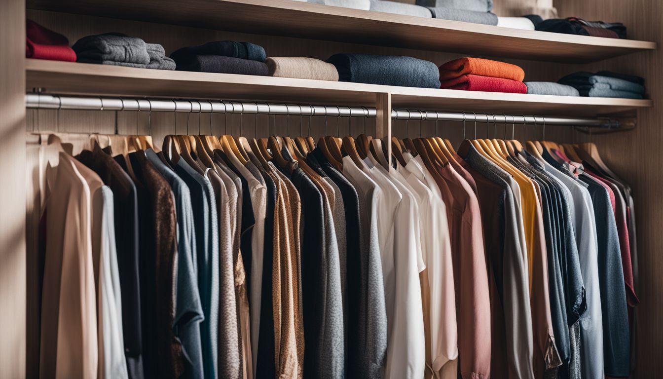 A photo of a colorful and organized closet with a variety of clothes and accessories.