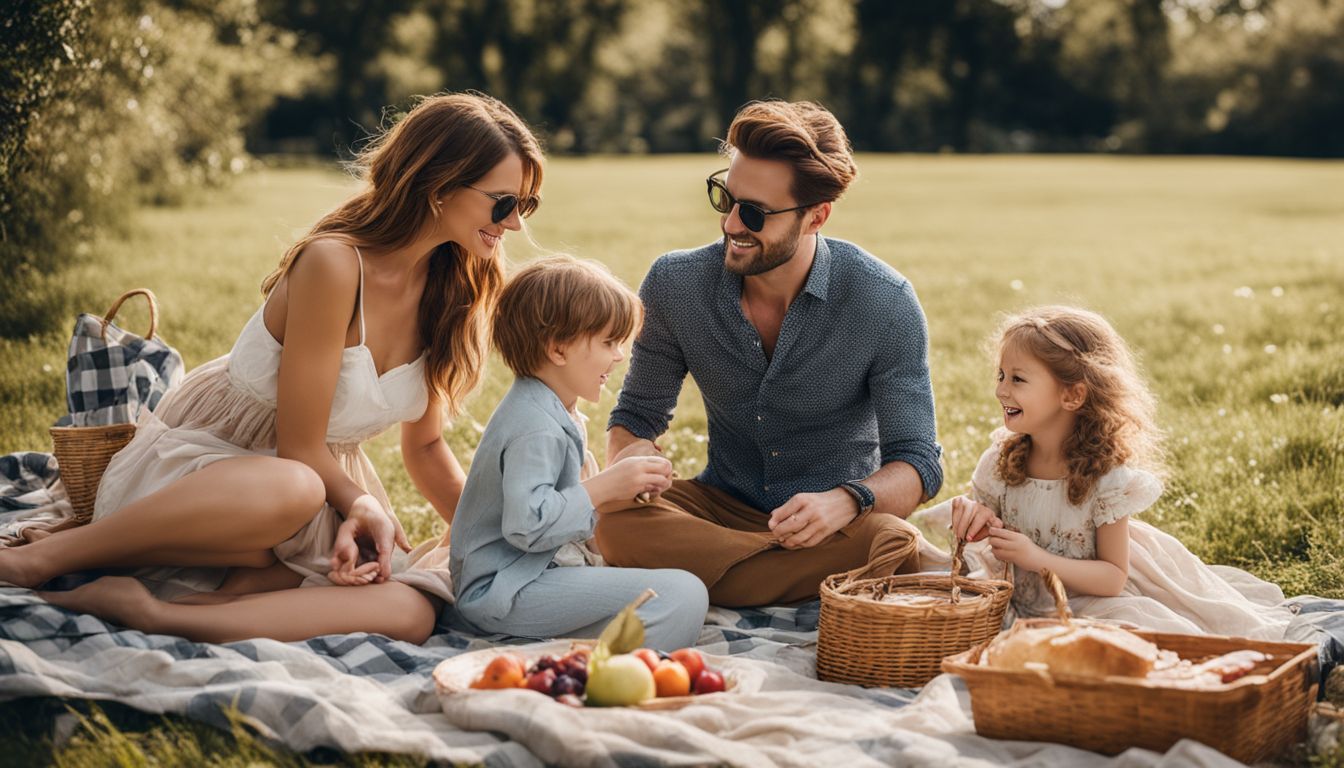A fashionable Caucasian family is having a picnic in a park, wearing stylish secondhand clothing.