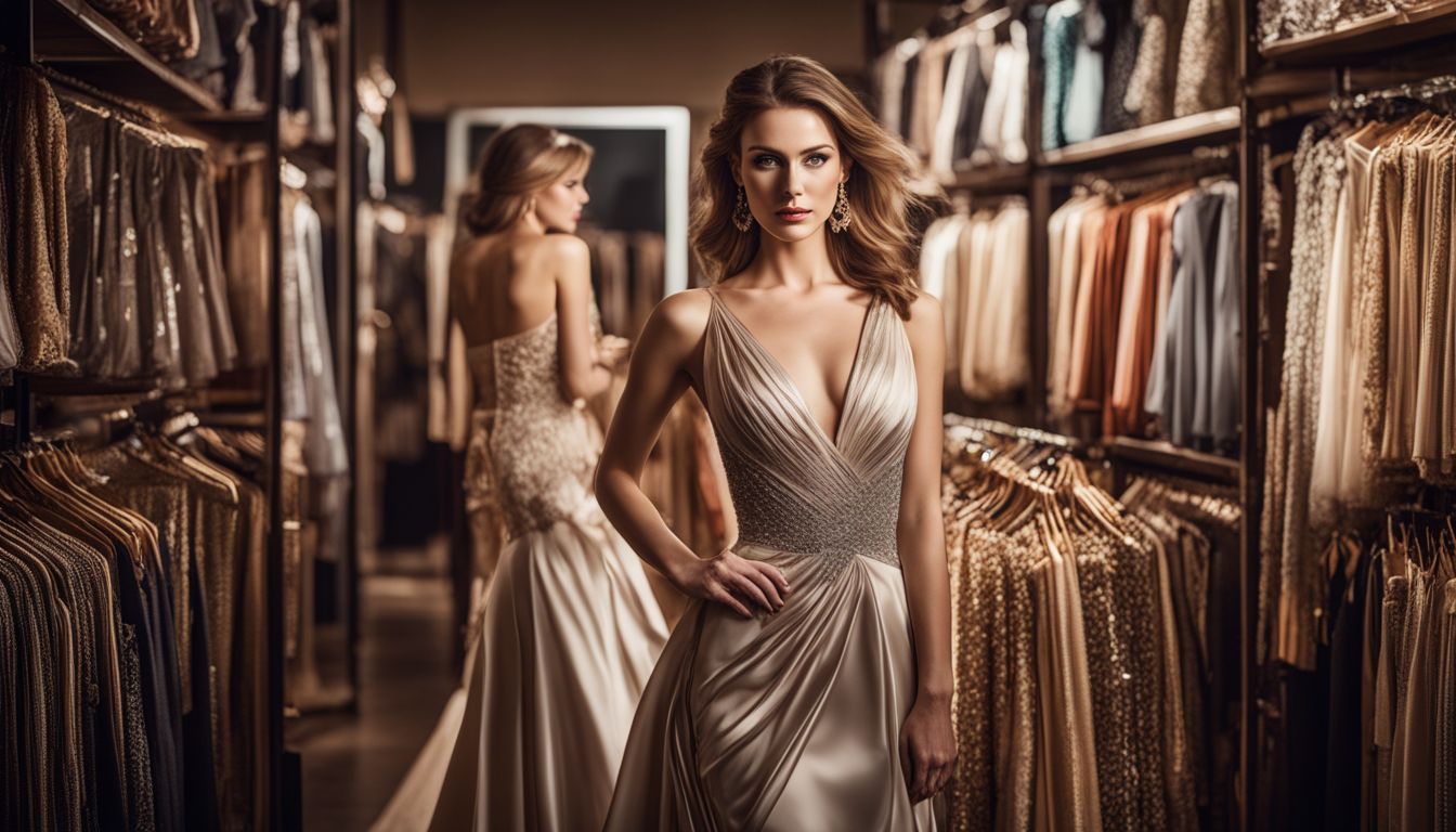 An elegant woman wearing a designer dress surrounded by racks of luxurious clothing in a bustling atmosphere.