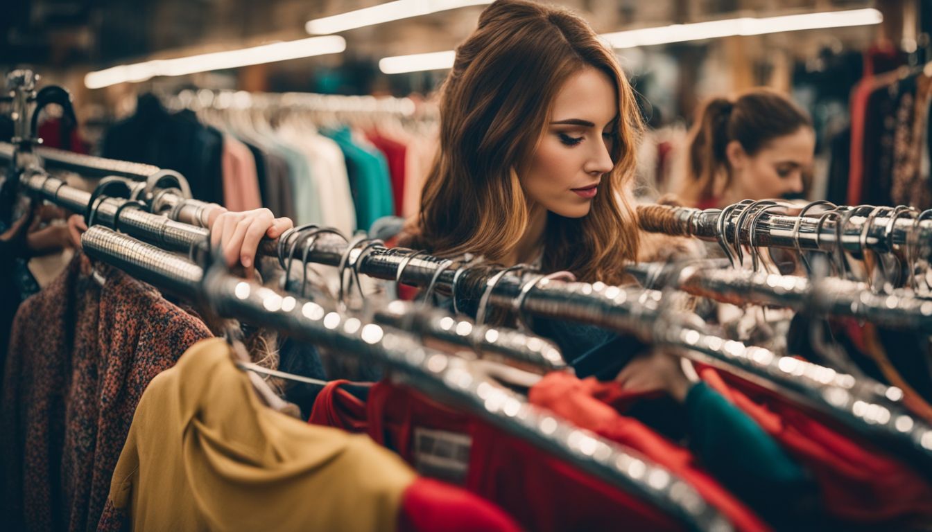 A Caucasian woman shops for secondhand clothes in a vintage-themed thrift shop surrounded by a bustling atmosphere.