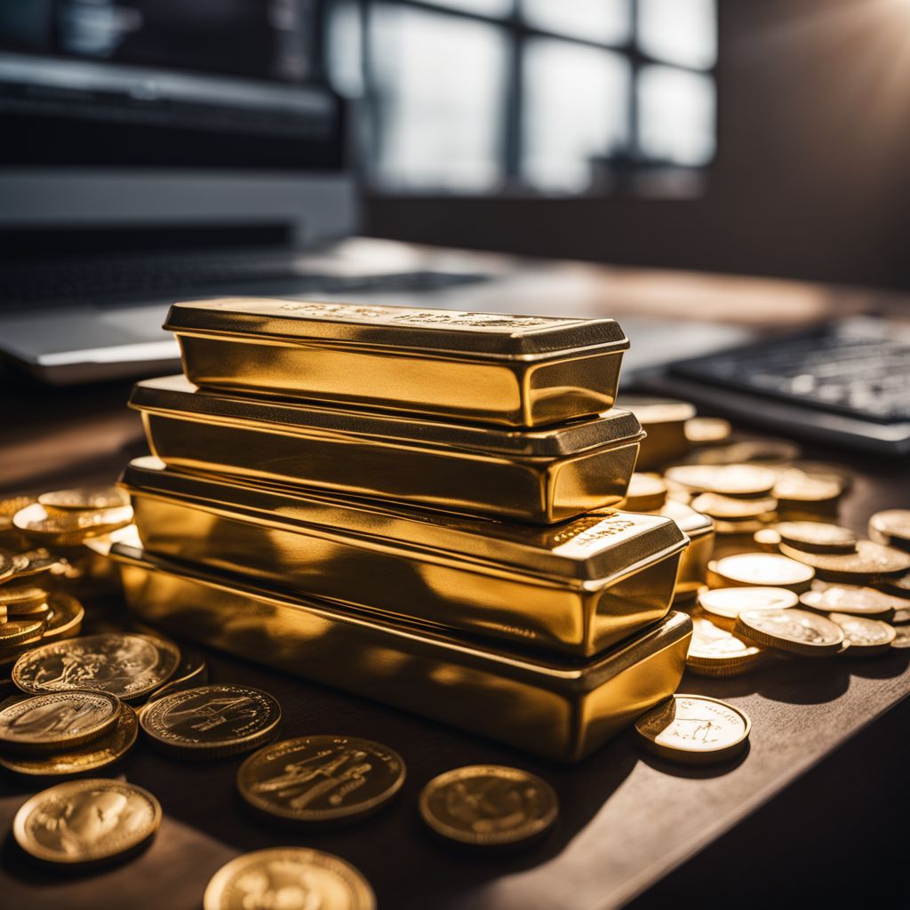 A stack of gold bars and coins in a sleek office environment.