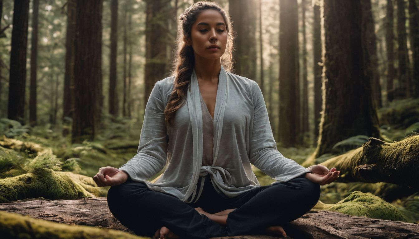 a person meditating in a serene forest surrounded by trees.