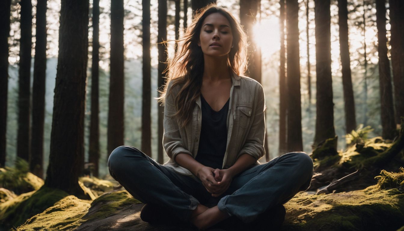 person meditating in a peaceful forest surrounded by nature.