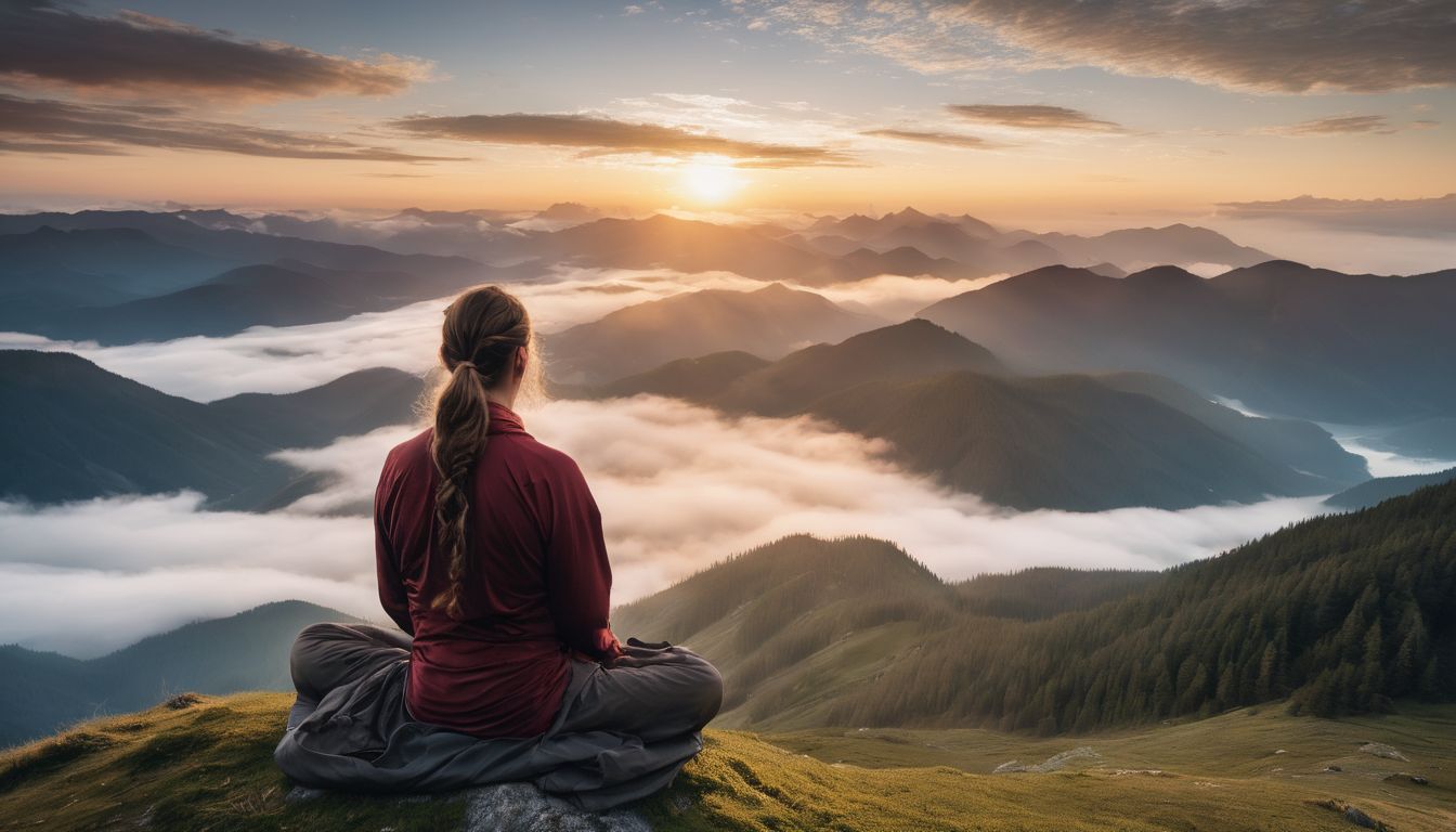 a person meditating on a mountaintop surrounded by peaceful nature.
