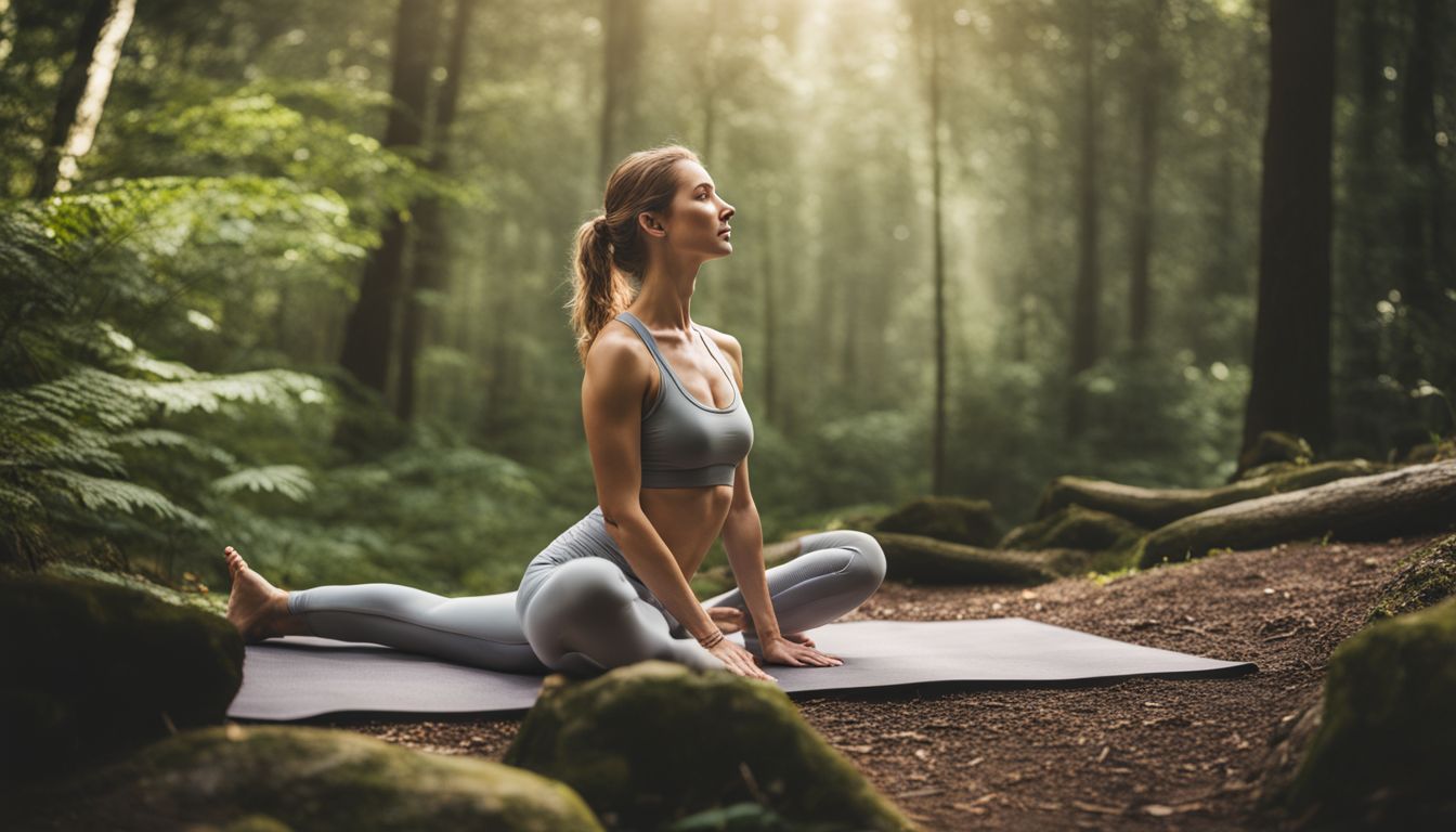 a woman practicing yoga in a beautiful forest surrounded by nature.