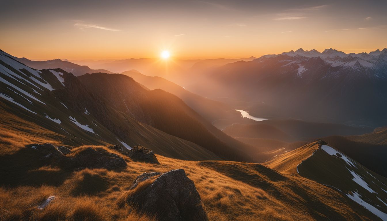 a vibrant sunrise over a serene mountaintop with diverse people and scenery.