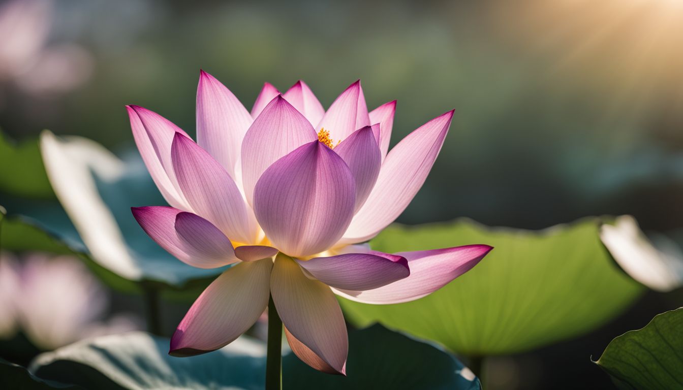 a beautiful lotus flower surrounded by diverse people and nature.