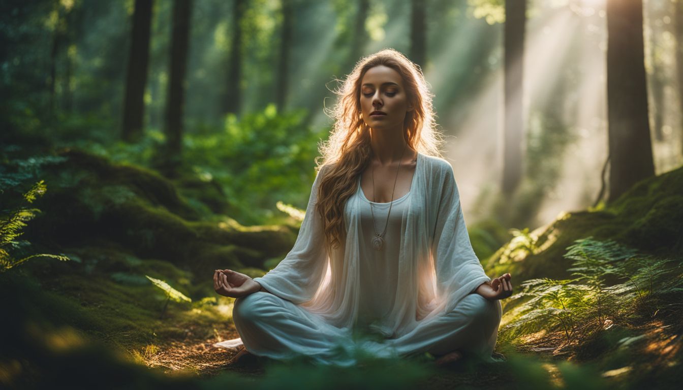 ethereal woman meditating in a lush forest surrounded by colorful energy.