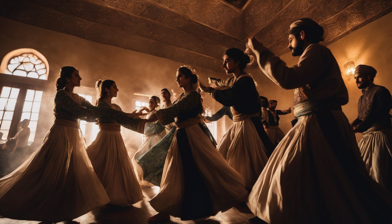 a group of sufi dancers in traditional clothing, swirling and twirling.