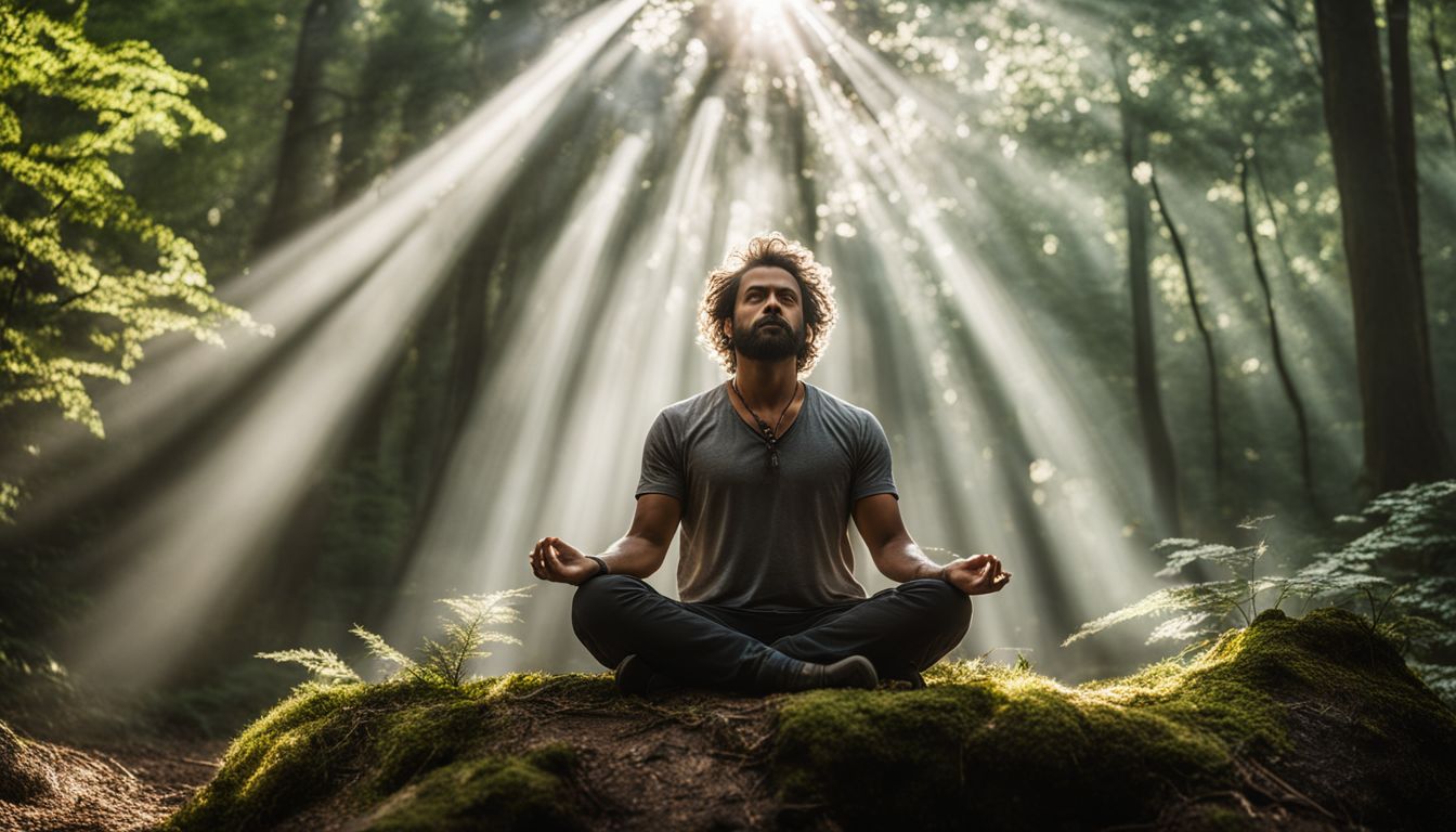 a man meditates in a mystical forest surrounded by nature.