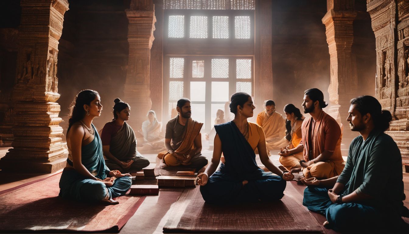 a diverse group meditating surrounded by sacred hindu texts.