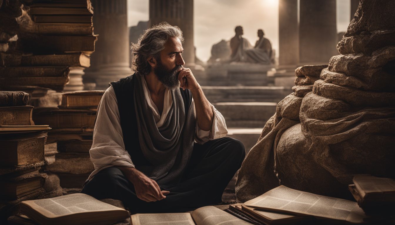 a philosopher surrounded by ancient greek texts in a bustling atmosphere.