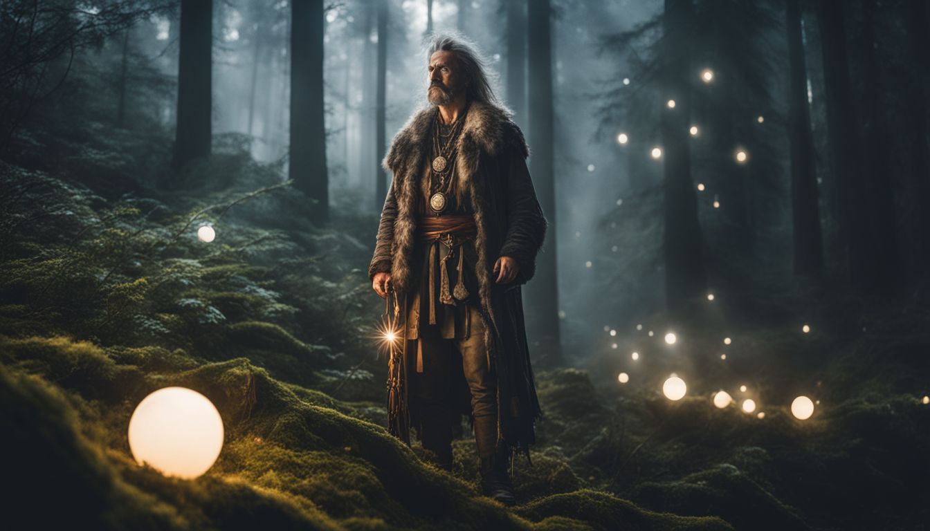 a caucasian shaman in a mystical forest surrounded by glowing orbs.