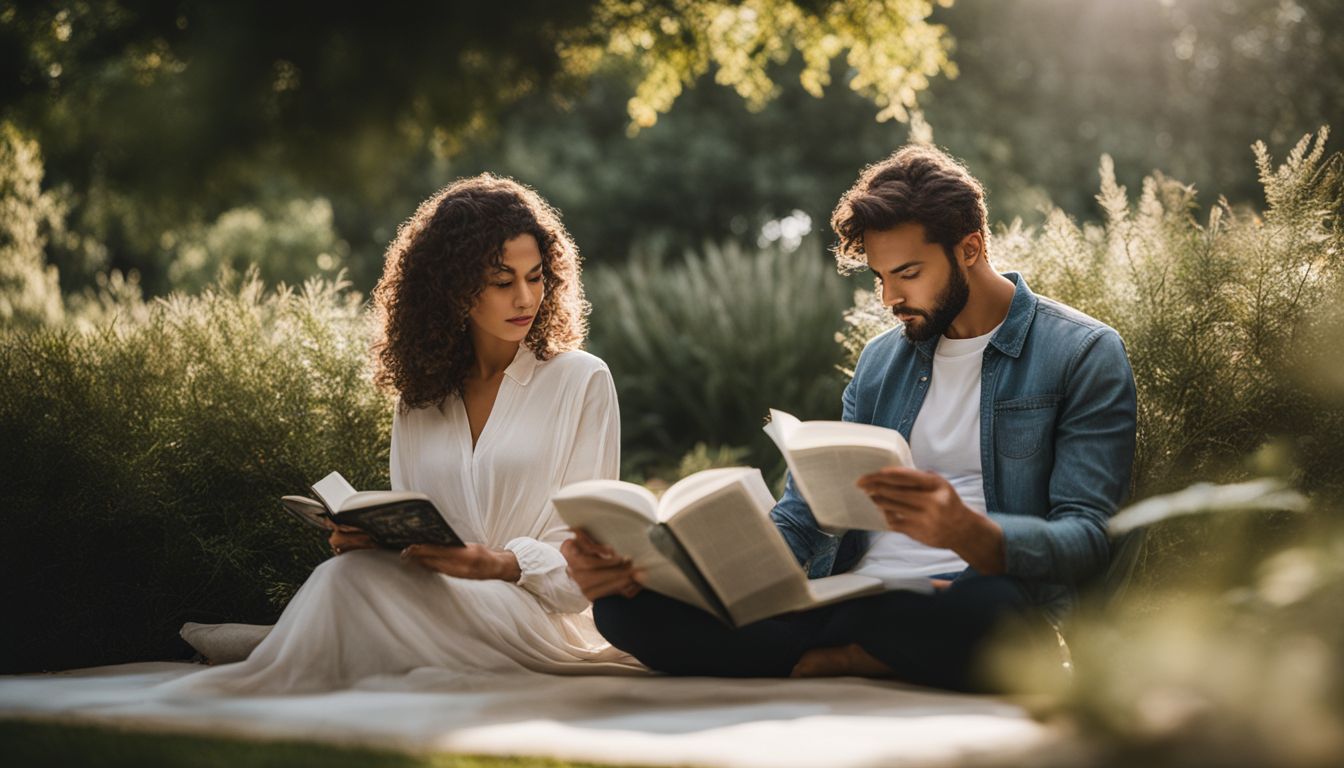 a diverse couple reading philosophical texts in a serene garden setting.