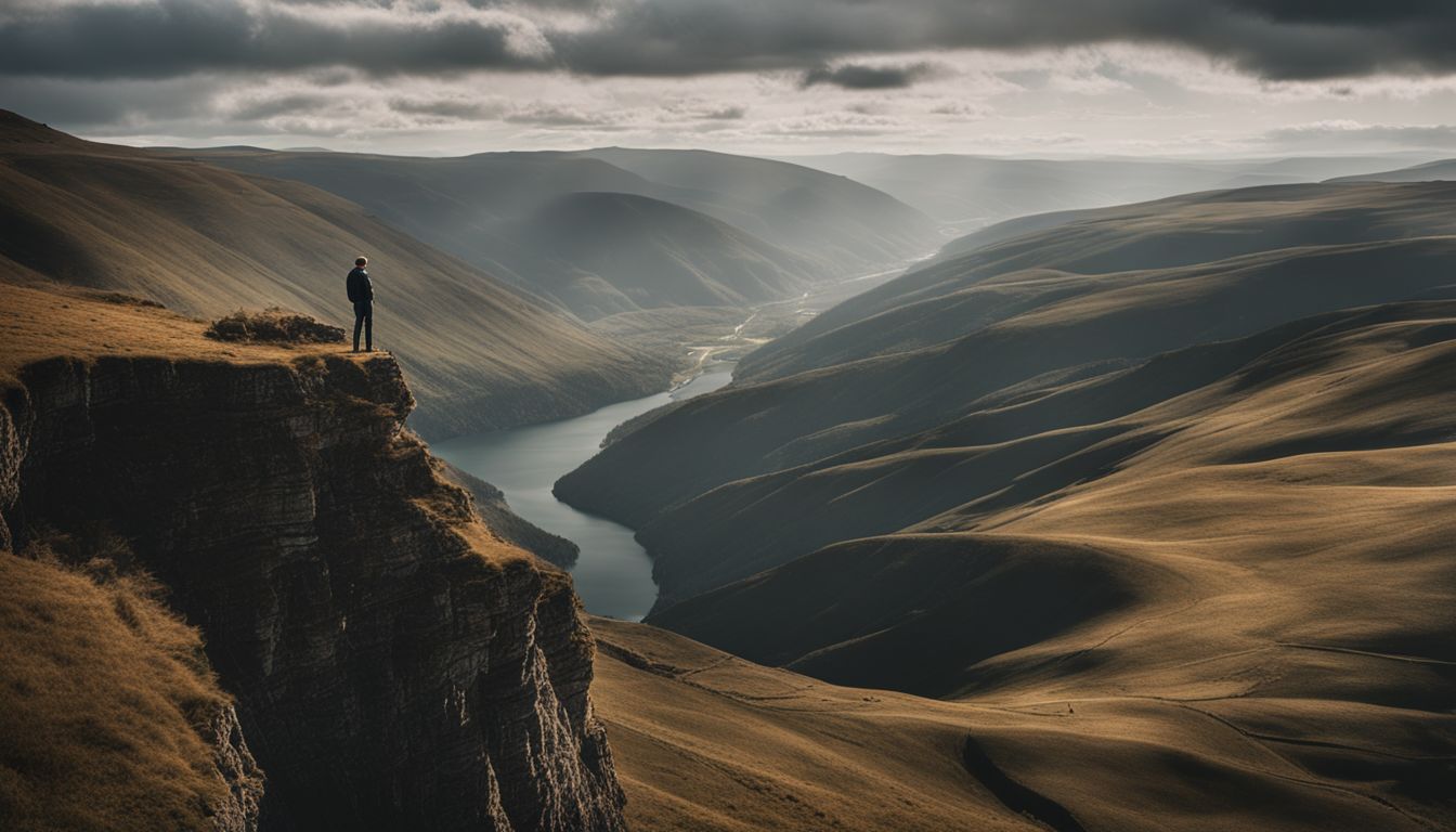 a person stands on a cliff, looking at a dramatic landscape.
