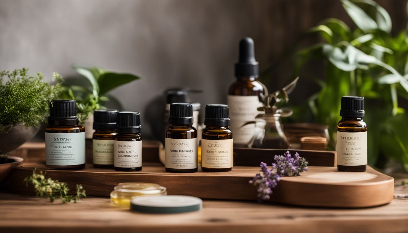 Essential oils bottles and diffusers on a wooden shelf with plants.