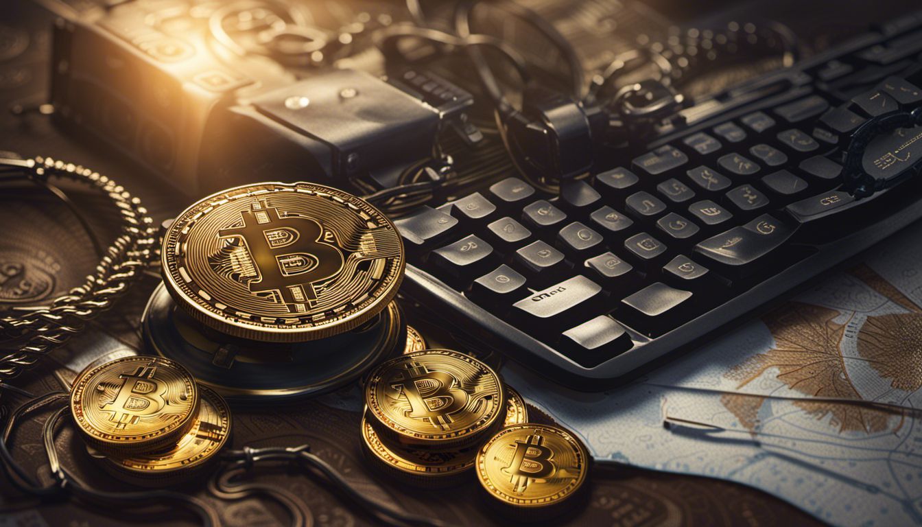 A physical Bitcoin placed on vintage keyboard in still life.