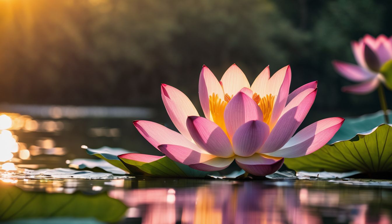 A beautiful lotus flower on a peaceful pond at sunrise.