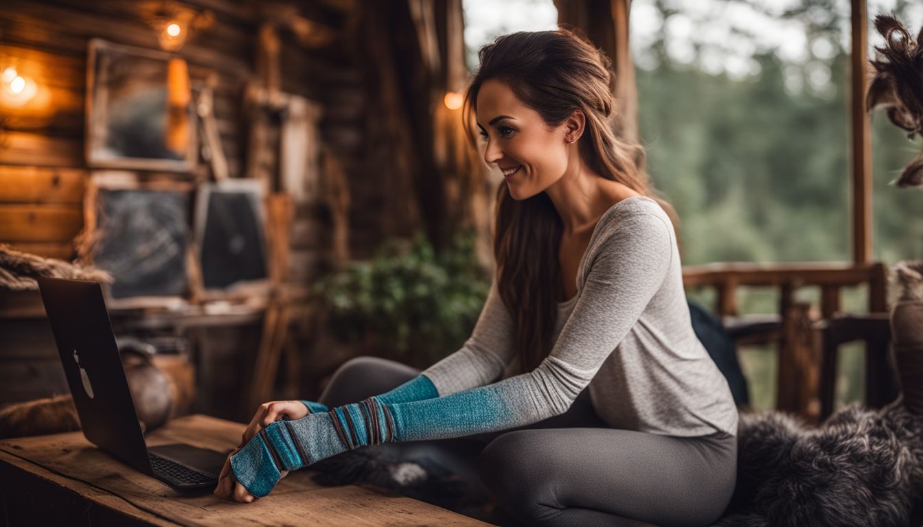 A woman creatively repurposes old leggings into arm warmers in a rustic setting, surrounded by nature and different people.