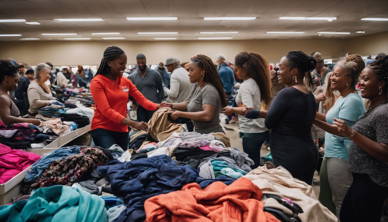 A diverse group of people sorts and organizes donated clothing in a bustling donation center.