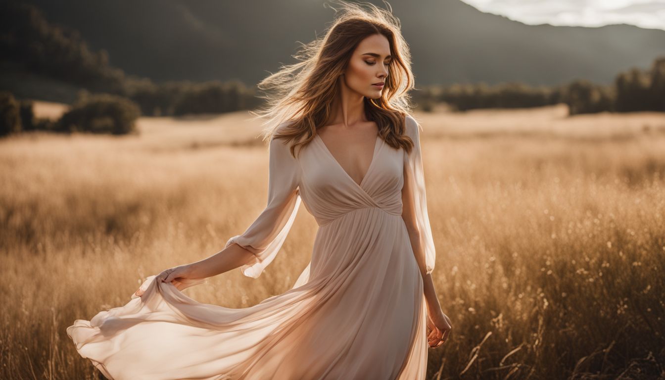 A Caucasian woman wearing a flowy dress showcases the comfort and sustainability of natural stretch fabrics in a scenic outdoor setting.